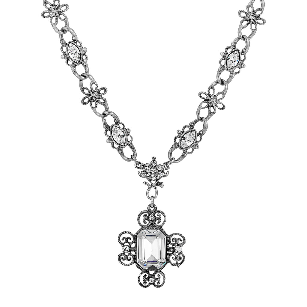 Antiqued Pewter Crystal Pendant Necklace 15   18 Inch Adjustable
