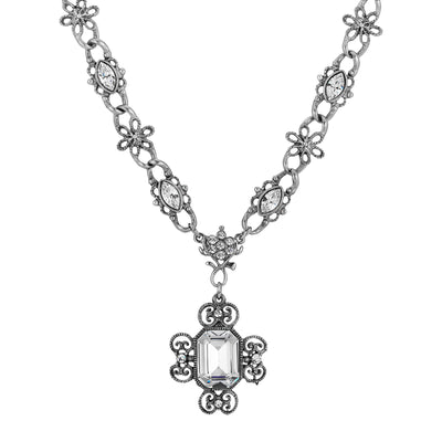 Antiqued Pewter Crystal Pendant Necklace 15 - 18 Inch Adjustable