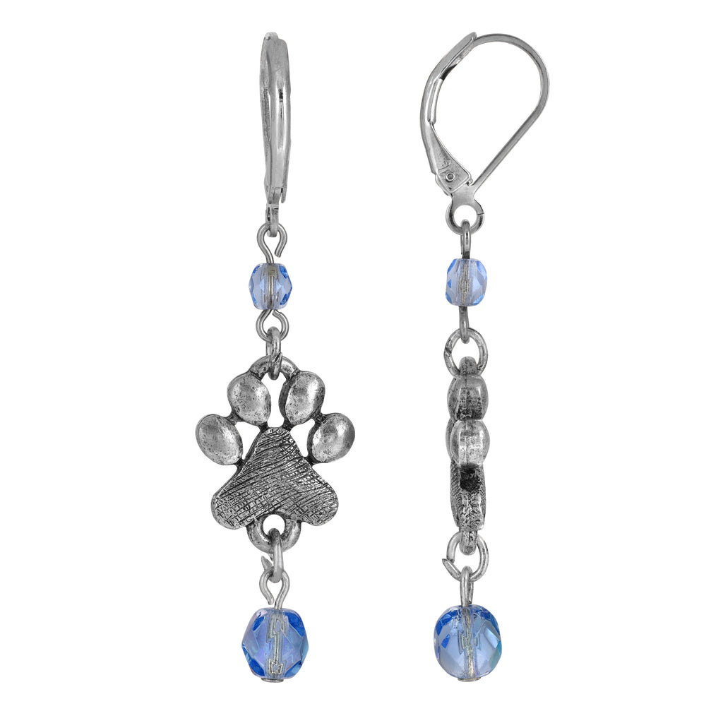 Silver Tone Colored Bead Paw Print Earrings