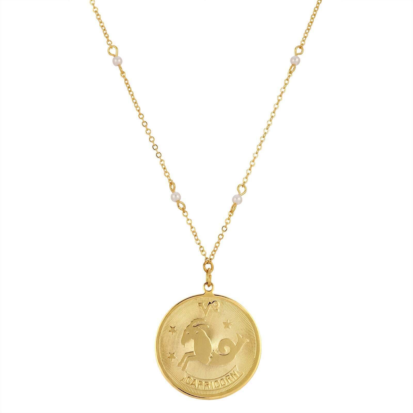 1928 Jewelry Round Zodiac Pendant Necklace With Faux Pearl Accents 20"