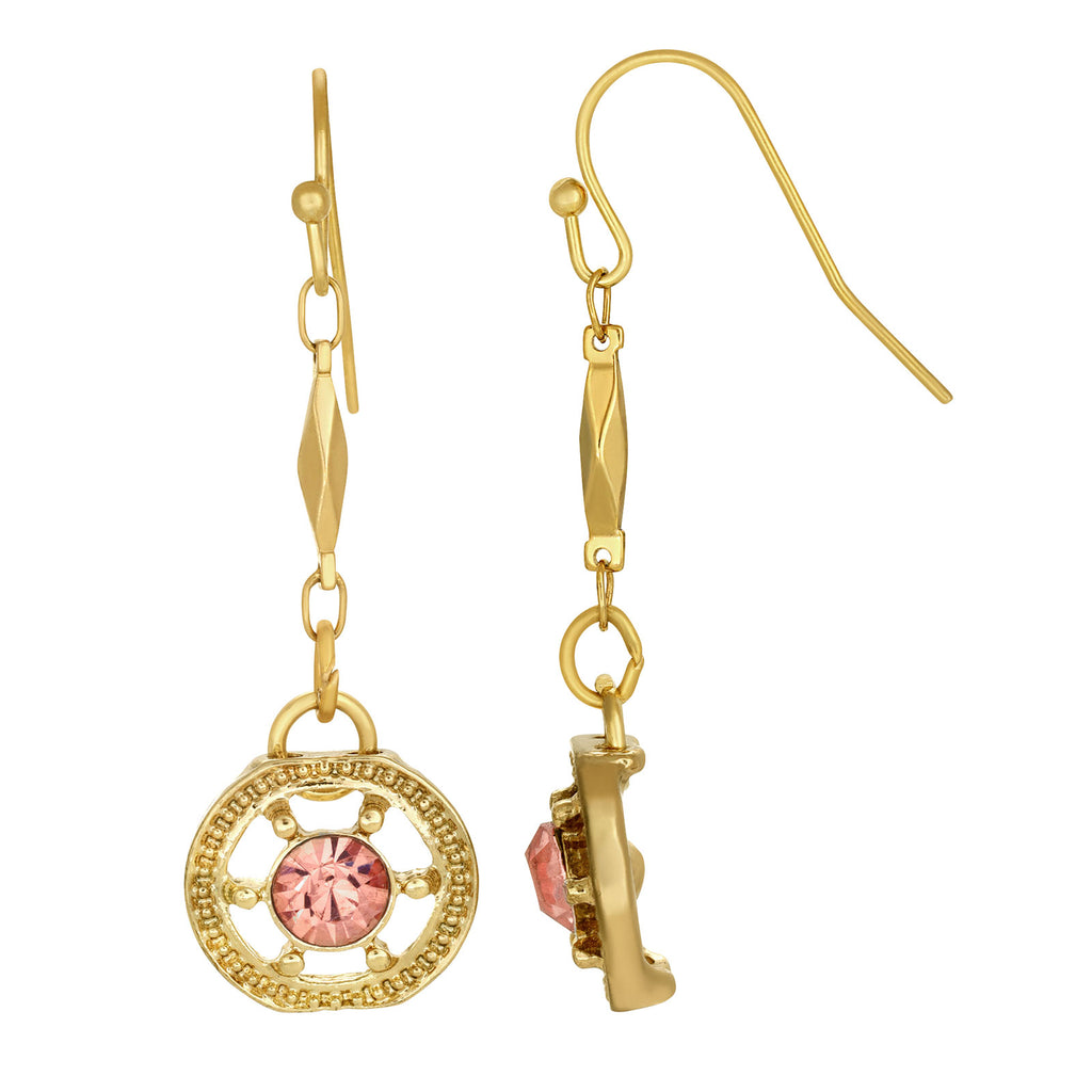 Gold Tone Round Ornate Crystal Drop Earrings