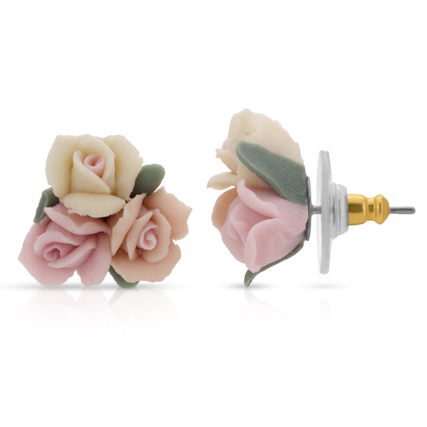 Multicolor Porcelain Rose Button Earrings