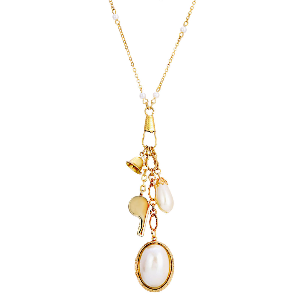 Elegant Faux Pearl Locket With Whistle Bell Charm Necklace 28 Inch