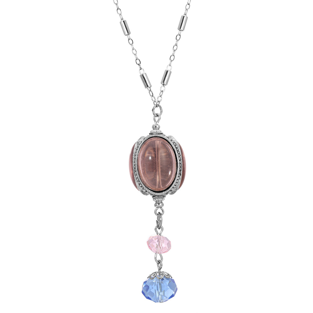 Pink 3 Sided Transparent Stone Spinner Drop Necklace 28 Inch