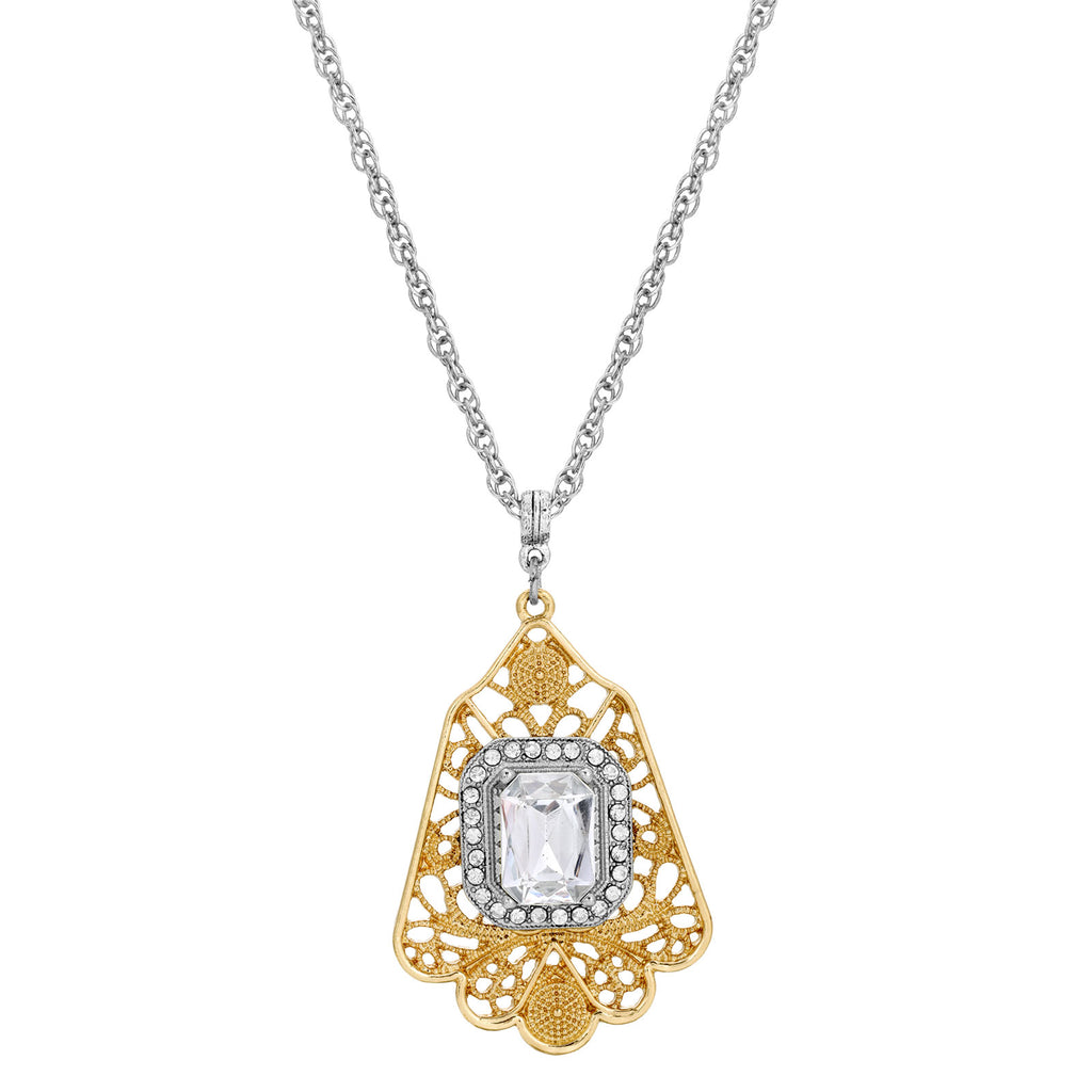 Ornate Filigree Statement Crystal Pendant Necklace 16" + 3" Extender