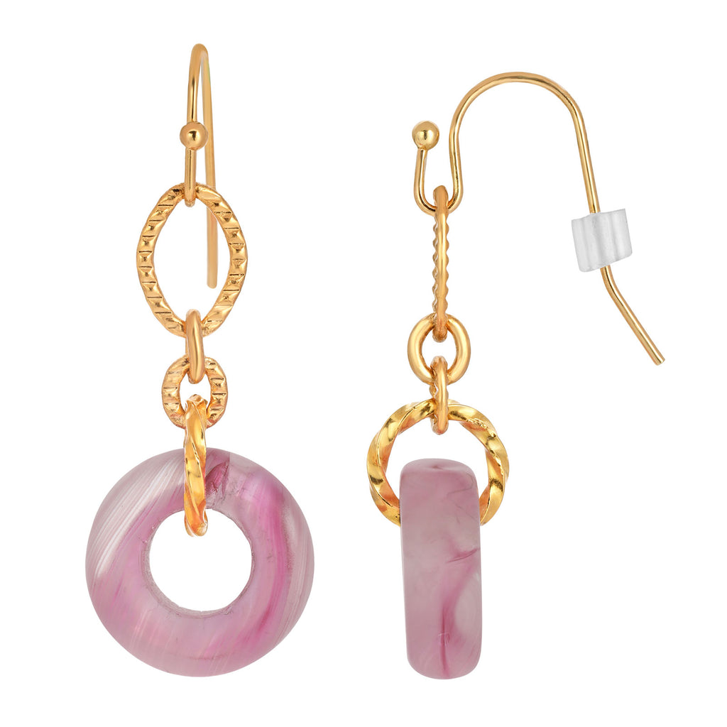 Pink Circle Glass Bead Link Fish Hook Earrings