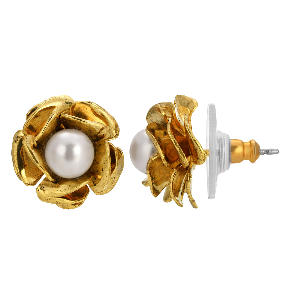Costume Pearl 14K Gold Dipped Flower Button Earrings