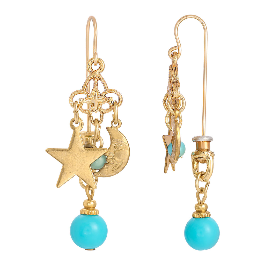Star and Moon Turquoise Bead Drop Earrings