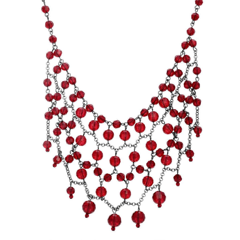 Red Glam Multi Layered Beaded Bib Necklace 13 - 16 Inch Adjustable