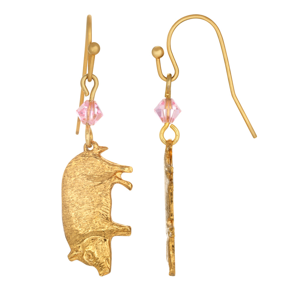 14K Gold Dipped Pig with Pink Bead Drop Earrings