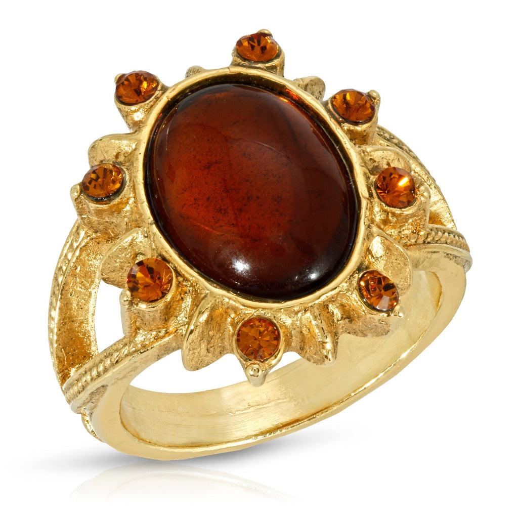 Gold Tone Sunburst Oval Stone And Crystal Ring Size 8 Smoked Topaz Side Profile