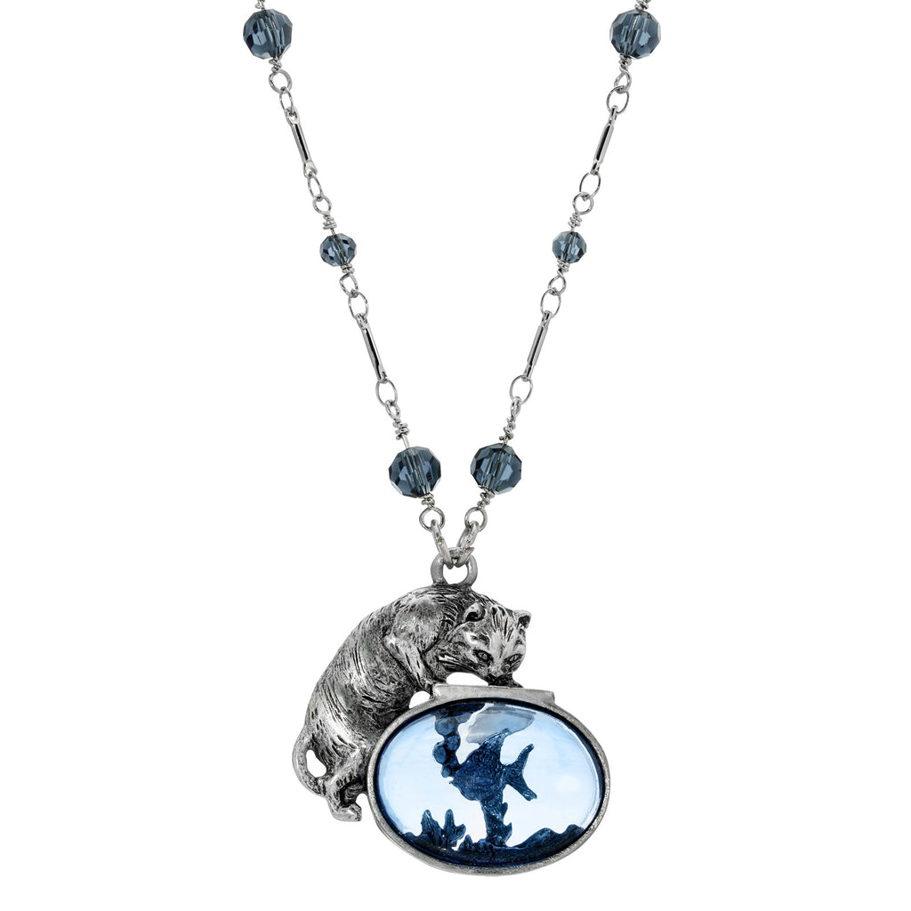 Montana Blue Beaded Pewter Cat And Fish 30 Inches Necklace