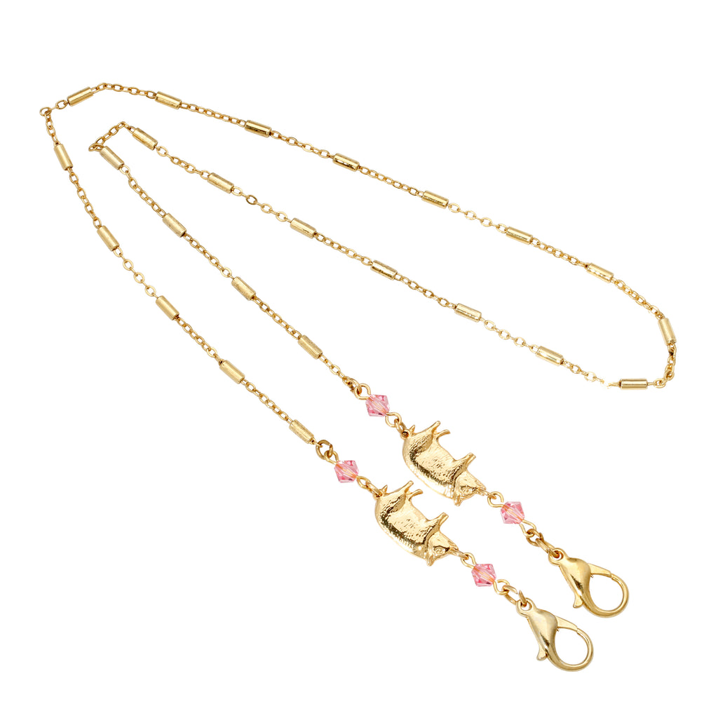 14K Gold Dipped Pig with Light Rose Beads Face Mask Chain Holder 22 Inches