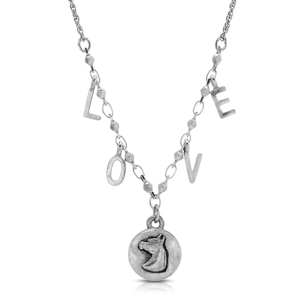 Petite Horse Head Pendant LOVE Initials Necklace 16"