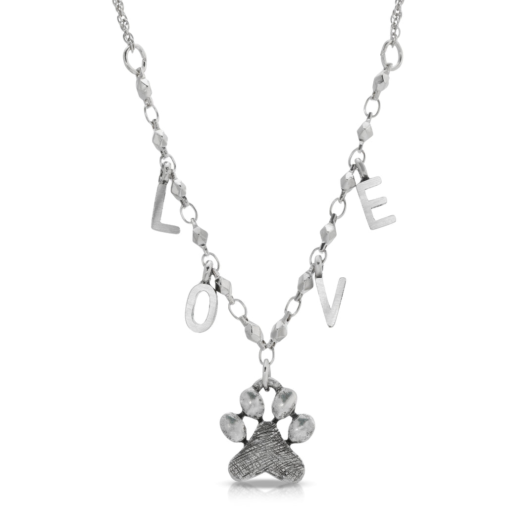 Pewter Paw Pendant LOVE Necklace 16 Inch