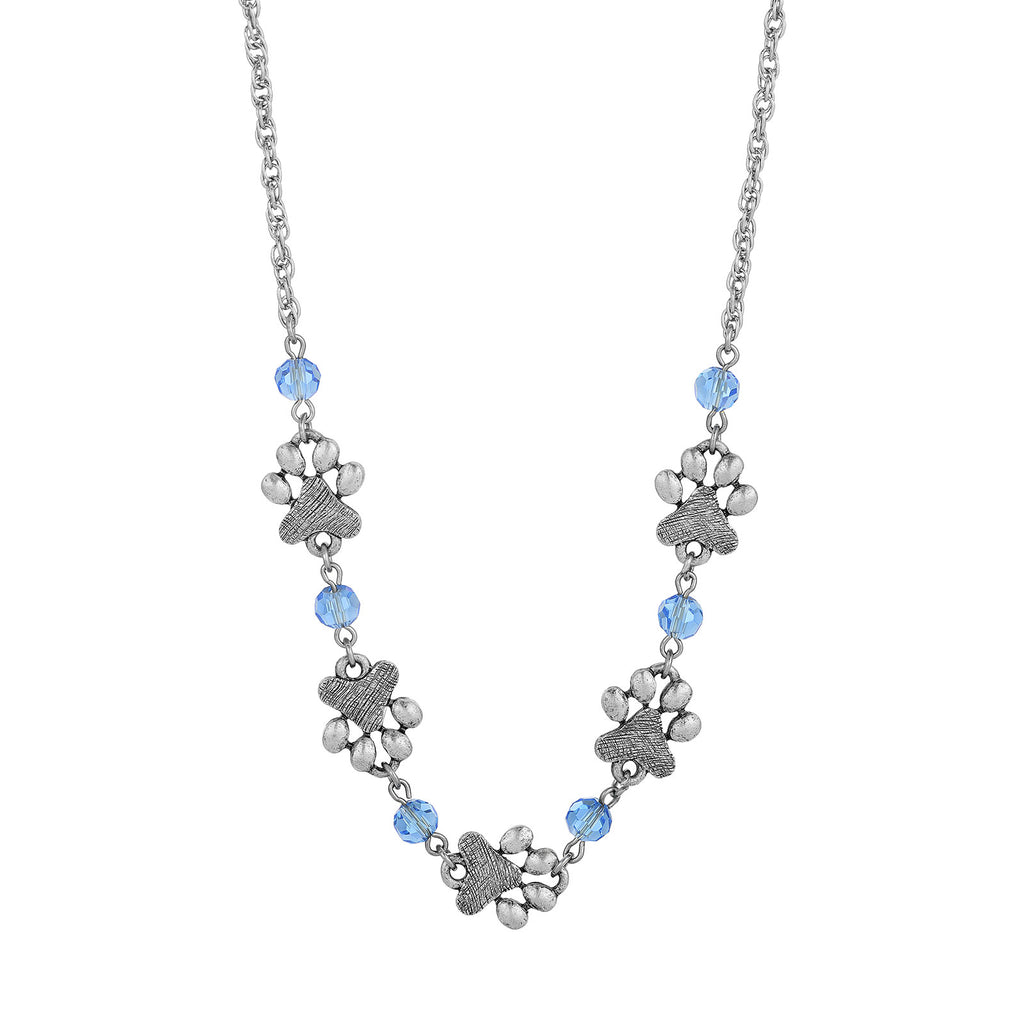 Light Blue Sapphire Bead Pewter Paw Necklace 16   19 Inch Adjustable