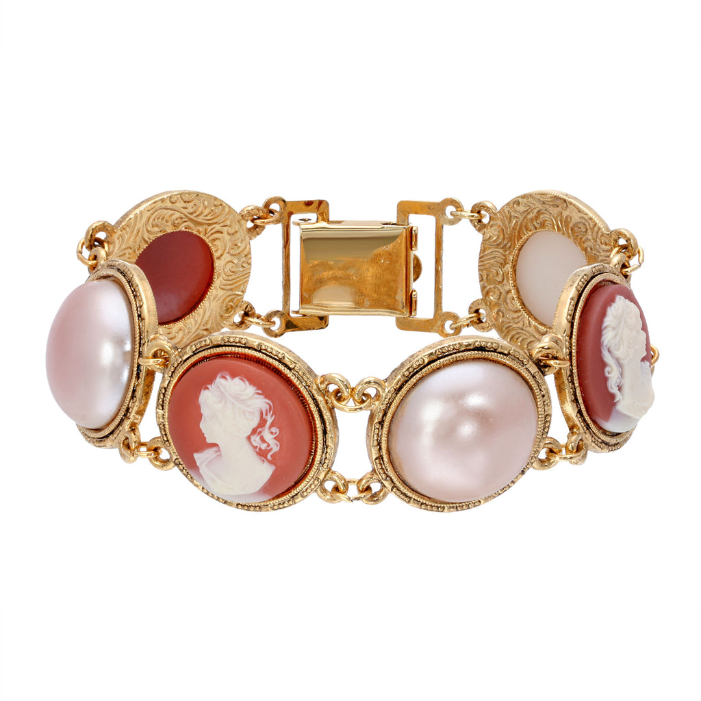 Round Carnelian Ivory Cameo and Raspberry Peach Faux Pearl Clasp Bracelet