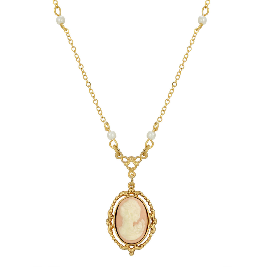 Light Pink Oval Cameo Faux Pearl Pendant Necklace 16" + 3" Extender