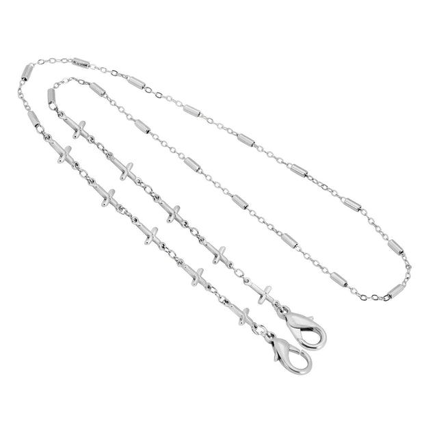 Silver Tone Face Mask Chain Holder With Crosses 22 Inch
