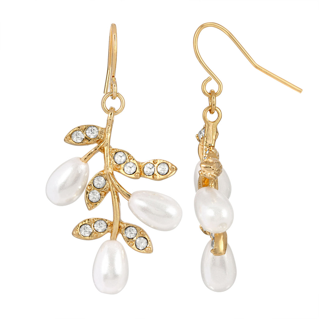 Crystal And Faux Pearl Leaf Drop Earrings