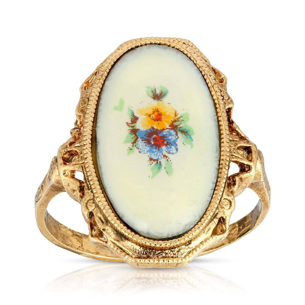 Ivory Enamel Blue & Yellow Flower Ring – 1928 Jewelry