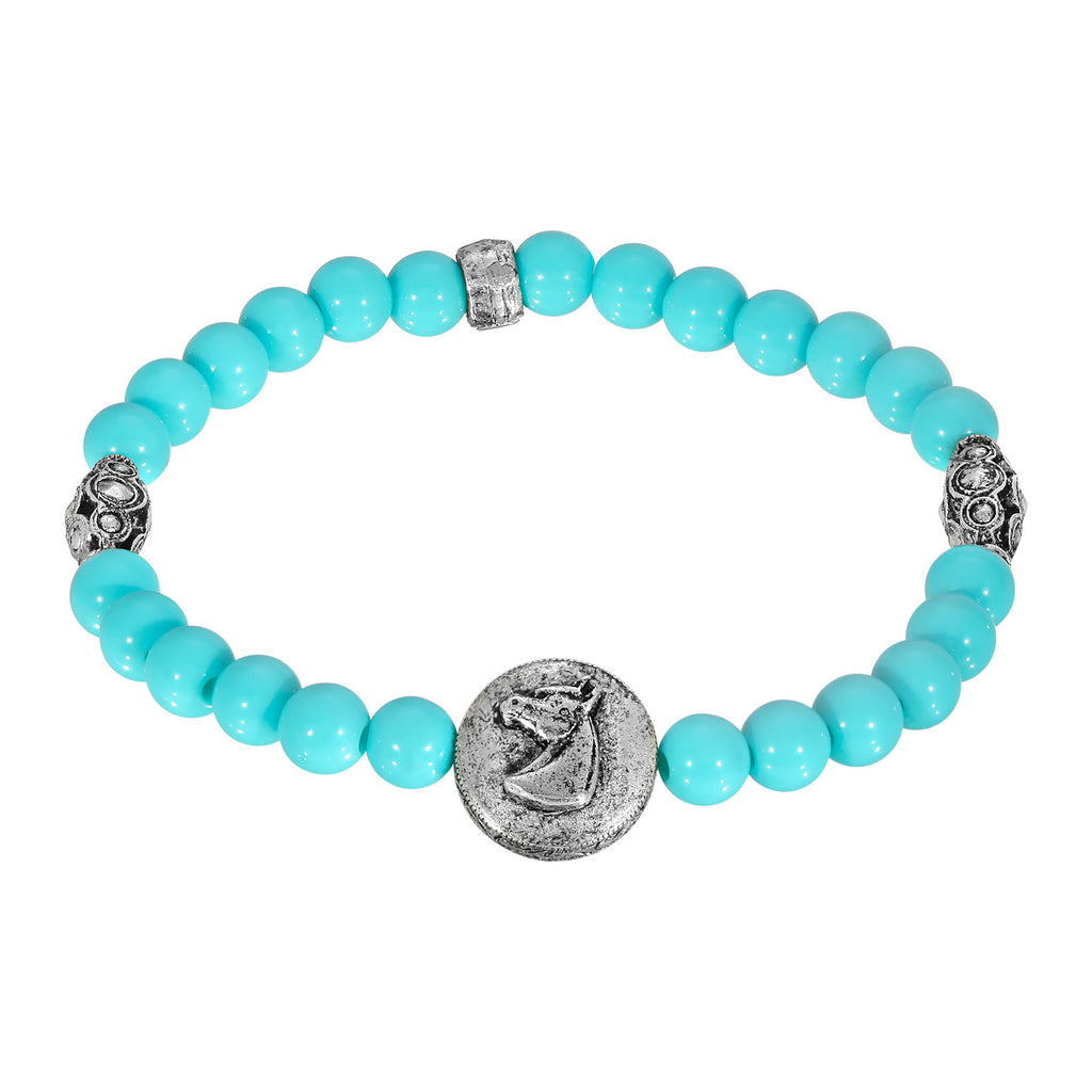 Pewter Turquoise Color Beaded Horse Stretch Bracelet
