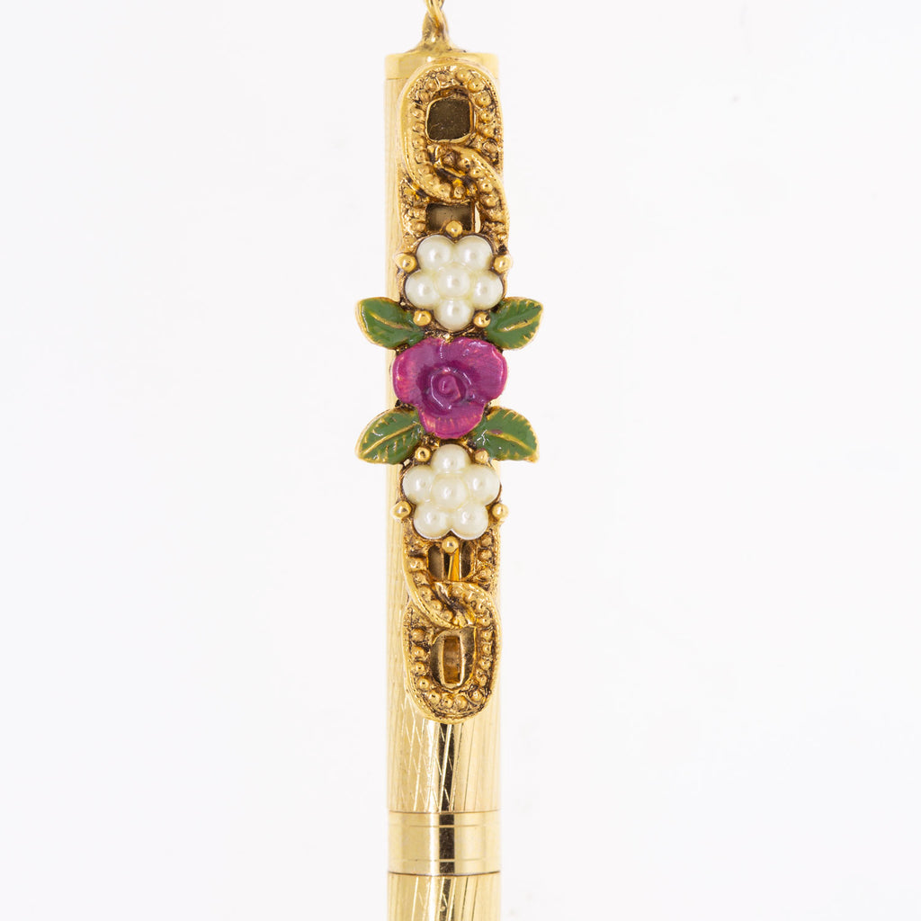 1928 jewelry 14k gold dipped pink flower cultura pearl accents ball point pen necklace 28 inch