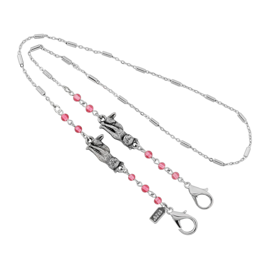 Silver Tone Pink Bead Cat Face Mask Chain Holder 22 Inch