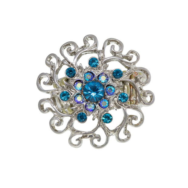 Silver Tone Blue Zircon Color And Light Blue Crystal Flower Stretch Ring