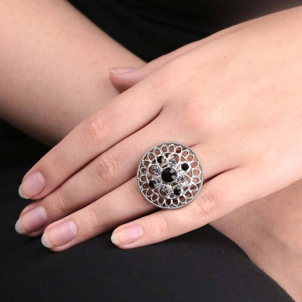 Silver Tone Black Diamond Color And Black Crystal Round Stretch Ring