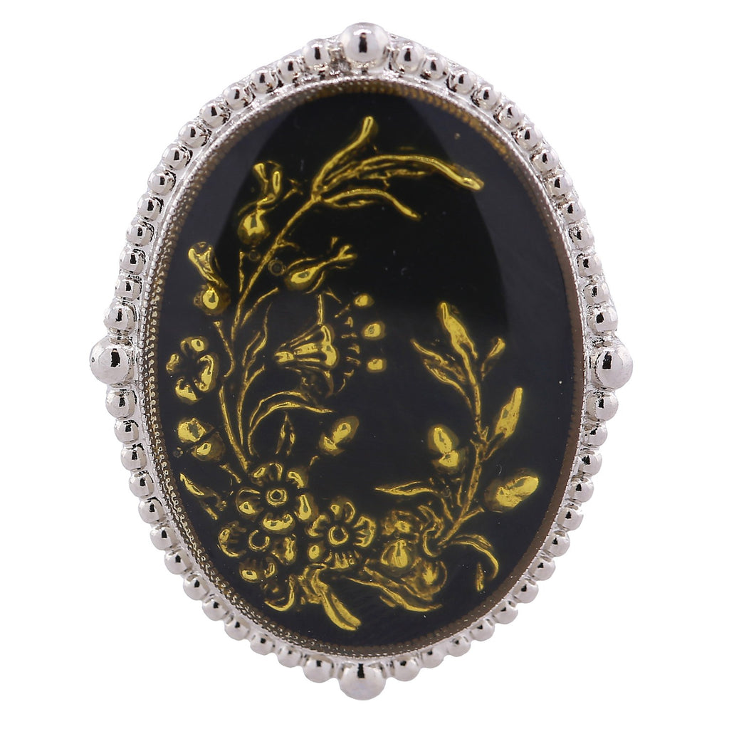 Oval Hand Enameled Black And Gold Floral Stretch Ring