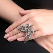 Silver-Tone Light Topaz And Black Diamond Color Butterfly Stretch Ring