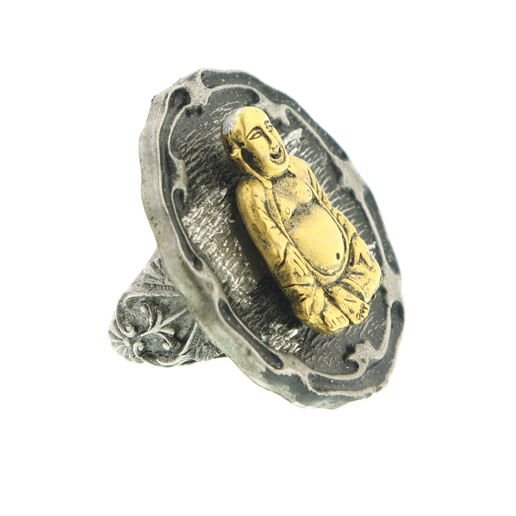 Two Tone 14K Gold Dipped Buddha And Pewter Tone Ring 7.5