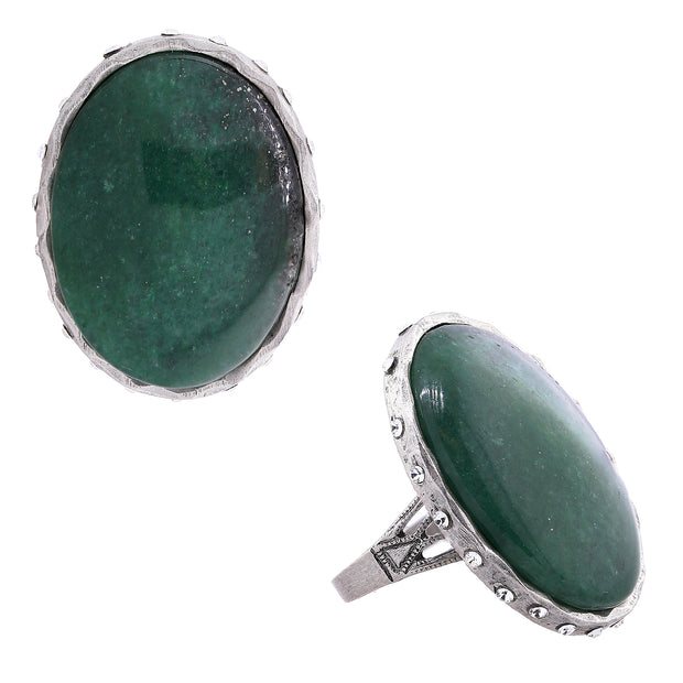 Semi Precious Green Aventurine Oval Ring W/Accent Swarovski Crystals