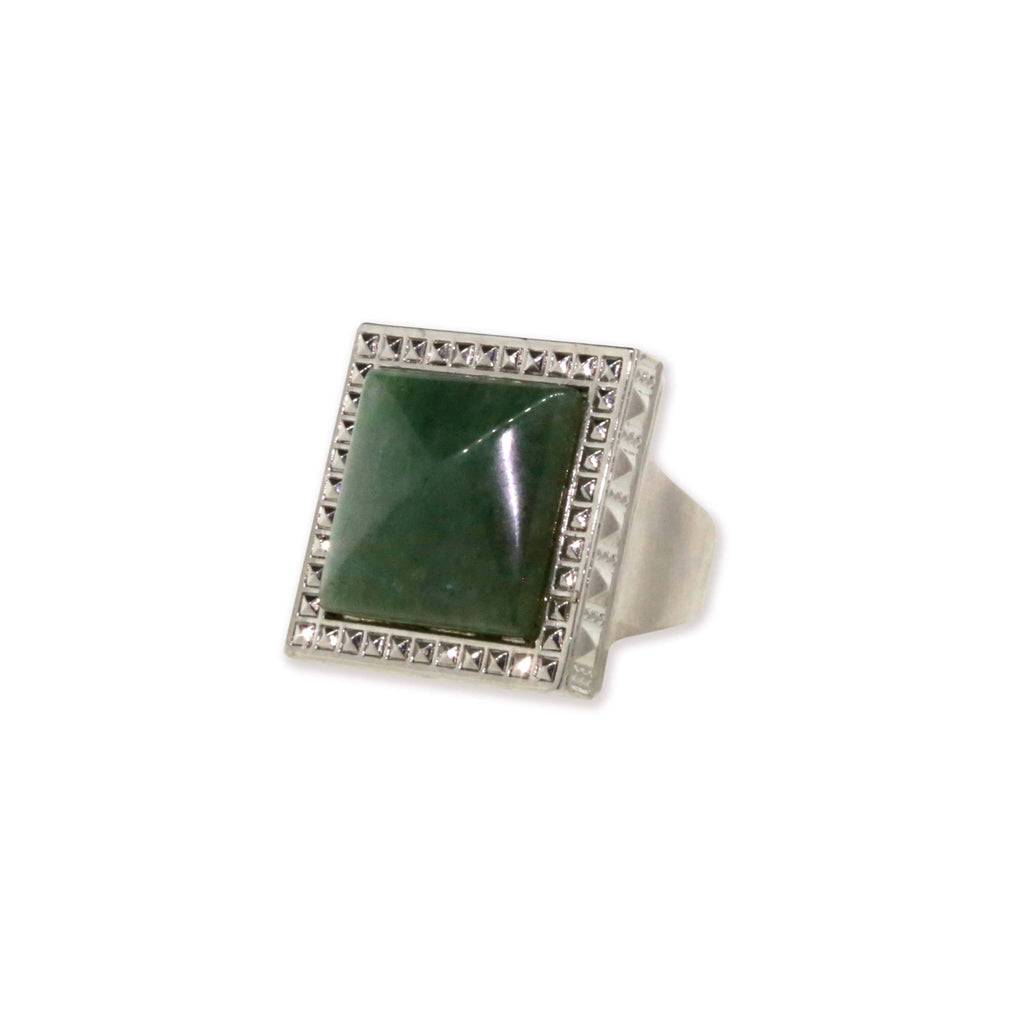 Silver Tone Green Aventurine Gemstone Sq Ring Size 7