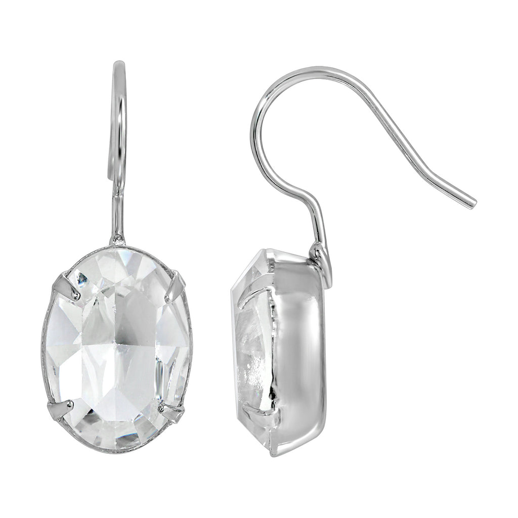 Silver Tone Oval Crystal Wire Drop Earrings