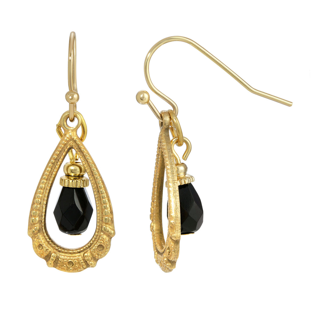 Antique Style Teardrop European Bead Wire Earrings In Black