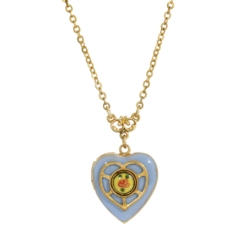 Light Blue Enameled Heart & Floral Decal Locket Necklace