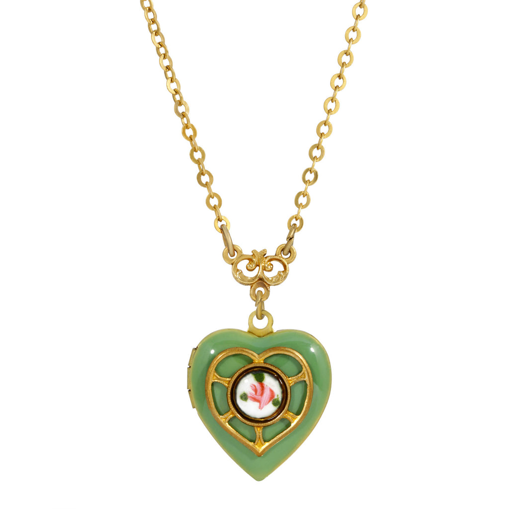 Light Green Blue Enameled Heart & Floral Decal Locket Necklace