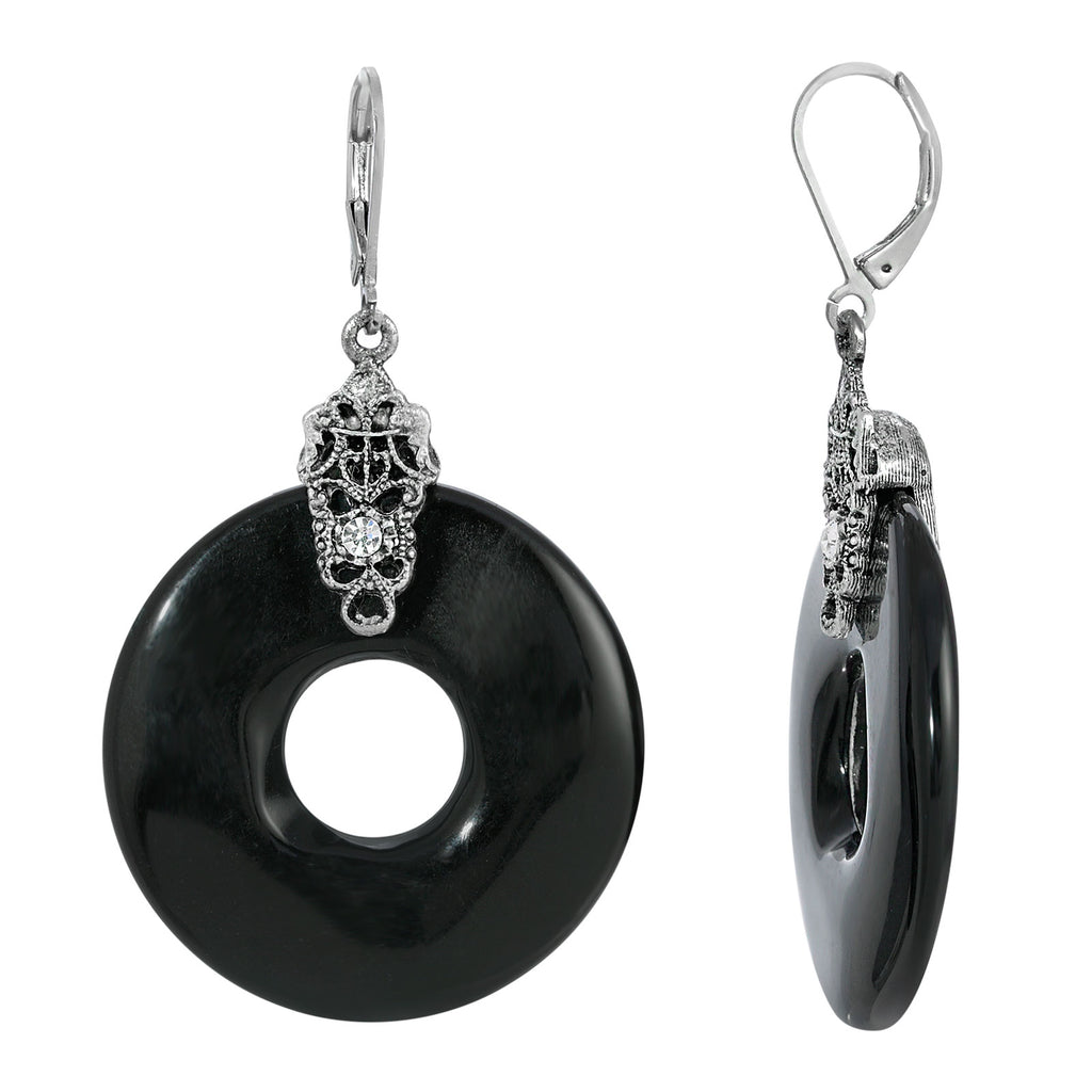 Ornate & Antiqued Round Drop Earrings Black