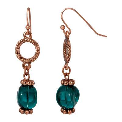 Copper Tone Loop & Teal Baroque Glass Bead Drop Earrings