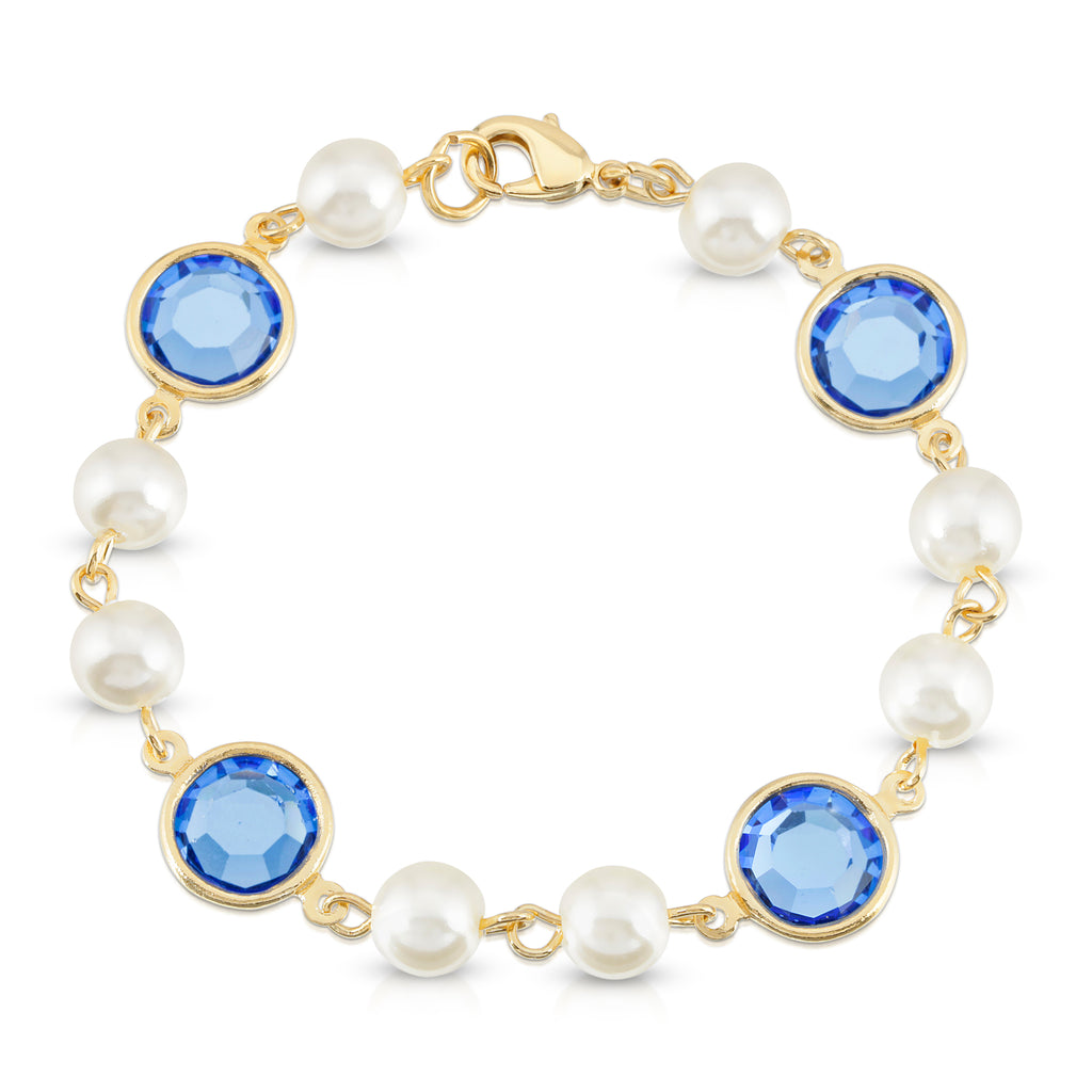 Sapphire Blue Austrian Channel Crystal Faux Pearl Link Bracelet, 7.5"