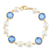 1928 Jewelry Sapphire Blue Swarovski Element Channel Crystal Faux Pearl Link Bracelet, 7.5"