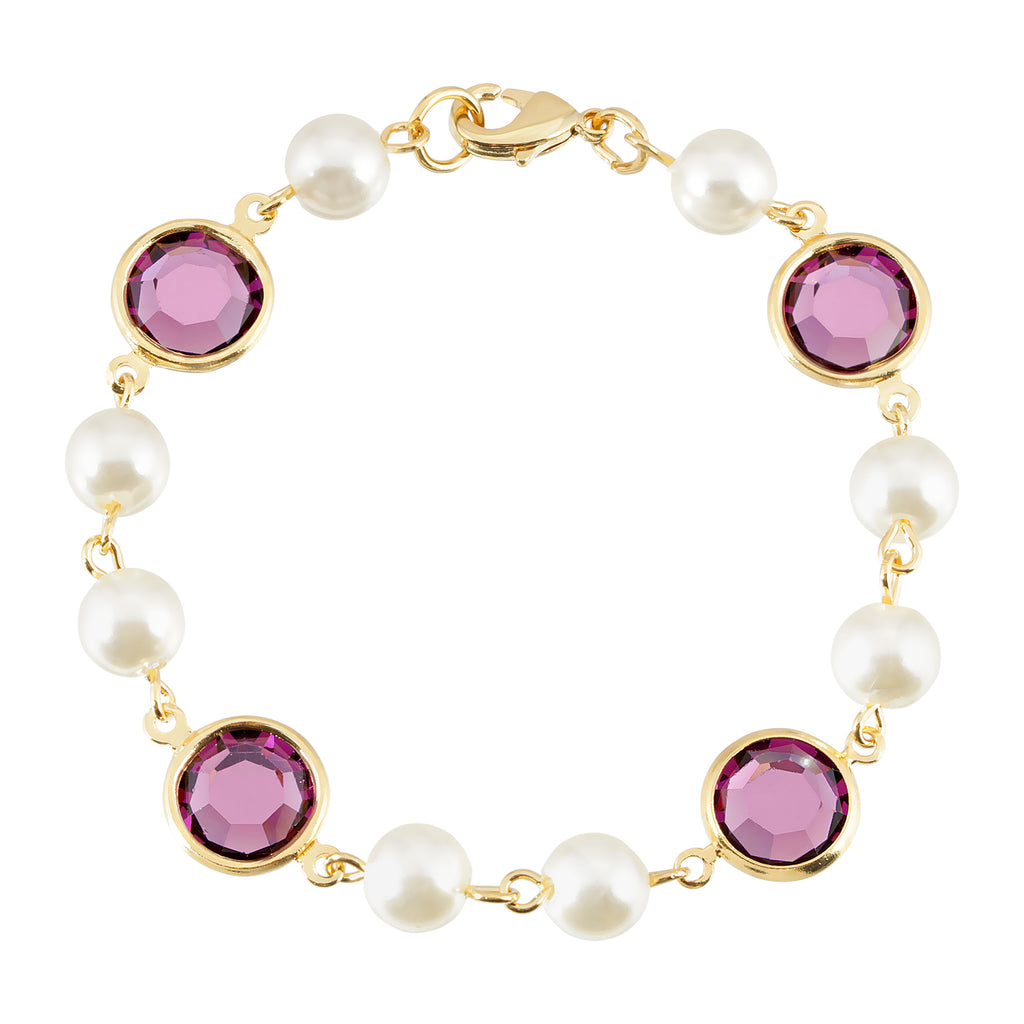 Amethyst Purple Austrian Channel Crystal Faux Pearl Link Bracelet, 7.5"