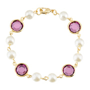 1928 Jewelry Amethyst Purple Swarovski Element Channel Crystal Faux Pearl Link Bracelet, 7.5"