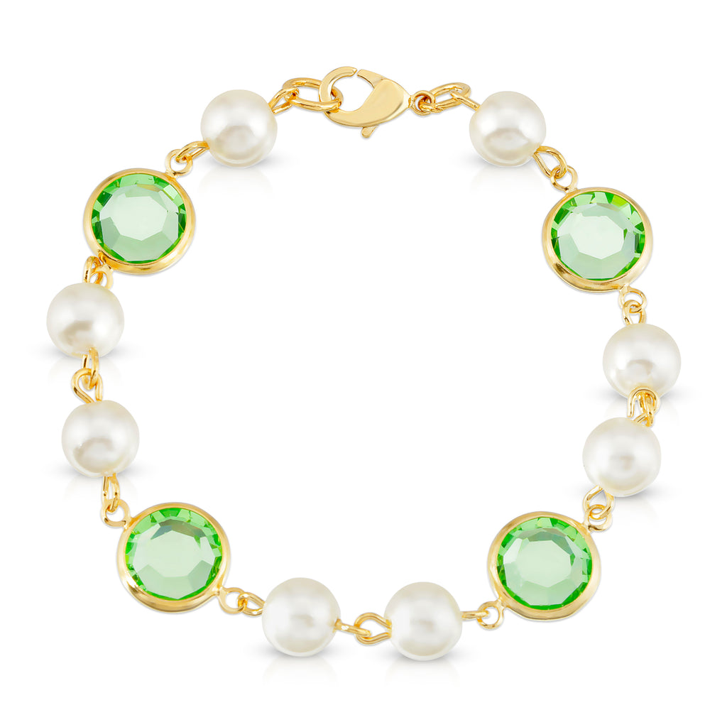 Peridot Green Austrian Channel Crystal Faux Pearl Link Bracelet, 7.5"