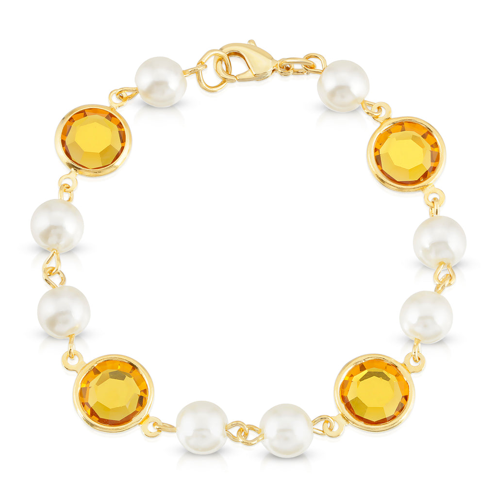 Topaz Austrian Channel Crystal Faux Pearl Link Bracelet, 7.5"