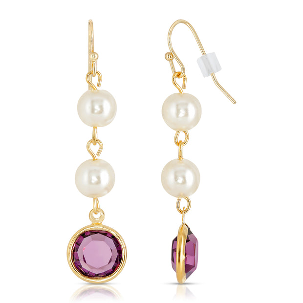 1928 Jewelry Amethyst Purple Swarovski Element Channel Crystal Faux Pearl Linear Drop Earrings