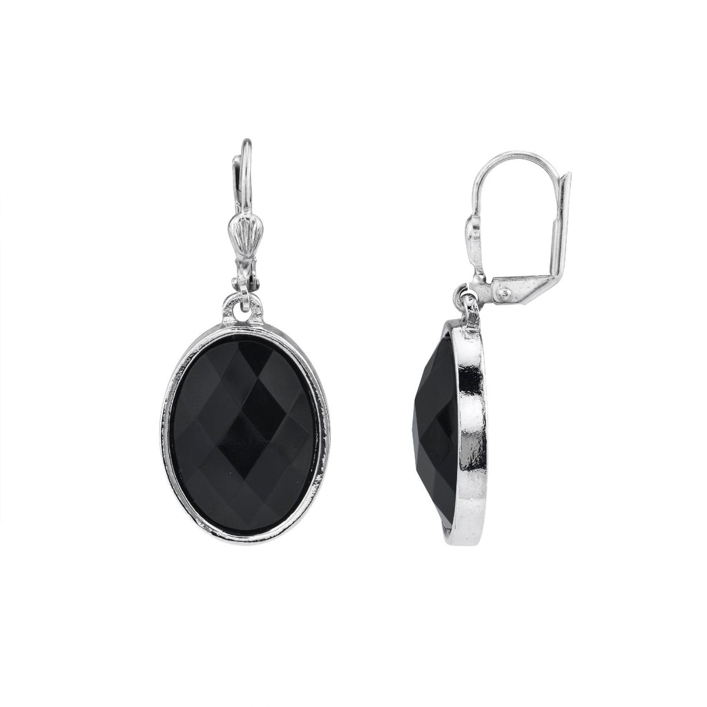 1928 Silver Tone Black Oval Faceted Leverback Earring