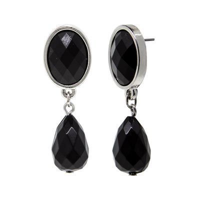 Silver Tone Black Faceted Drop Earring
